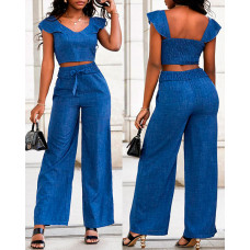 Ruffle Hem Shirred Crop Top & High Waist Pants Set - blue