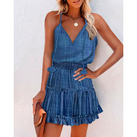 Ruffle Hem Shirred Waist Cami Dress - blue