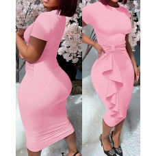 Ruffle Hem Short Sleeve Bodycon Dress - pink