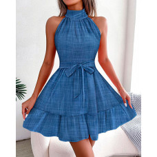 Ruffle Hem Sleeveless Casual Dress - blue