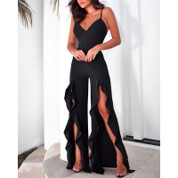 Ruffle Hem Slit Cami Jumpsuit - black