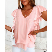 Ruffle Hem V-Neck Flowy Top - pink