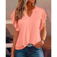 Ruffle Sleeve Notch Neck Casual T-shirt - pink