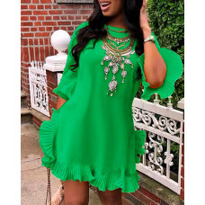 Ruffled Hem Bell Sleeve Dress - green