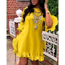 Ruffled Hem Bell Sleeve Dress - yellow