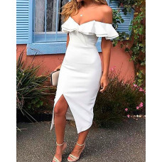 Ruffled Off Shoulder Split Bodycon Dress - white