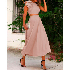 Ruffles Backless Crop Top & Maxi Skirt Set - pink