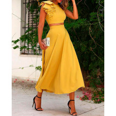 Ruffles Backless Crop Top & Maxi Skirt Set - yellow