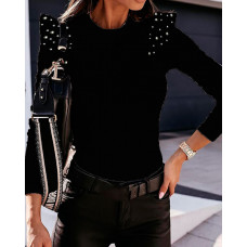 Ruffles Beaded Long Sleeve Skinny Top - black