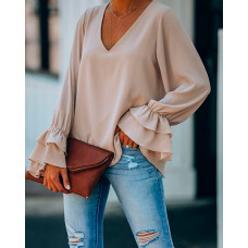 Ruffles Bell Sleeve Casual Top - khaki