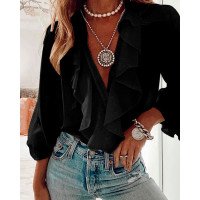 Ruffles Button Design Long Sleeve Top - black