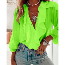 Ruffles Button Design Long Sleeve Top - lvs green