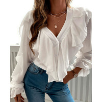 Ruffles Button Design Long Sleeve Top - white