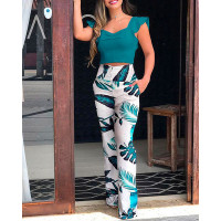 Ruffles Crop Top & Palm Tree Print Pants Sets - green