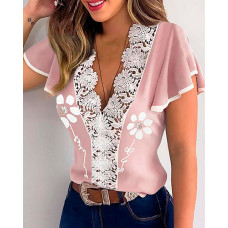 Ruffles Hem Contrast Lace Trim Top - pink