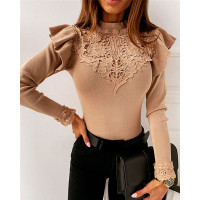 Ruffles Long Sleeve Guipure Lace Skinny Top - beige