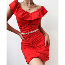 Ruffles Ruched Square Neck Bodycon Dress - red