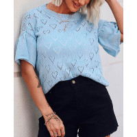 Ruffles Sleeve Heart Pattern Hollow-out Knit Top - blue