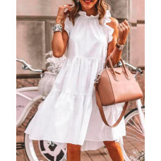 Ruffles Trim Ruched Short Sleeve Casual Dress - white