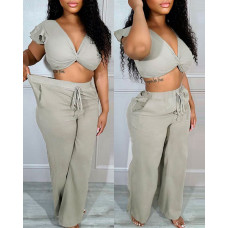 Ruffles Twisted Top & Drawstring Pants Set - green