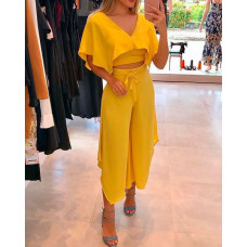 Ruffles V-Neck Top & Tied Detail Asymmetrical Pants Set - yellow