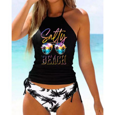 Salty Beach Coconut Tree Print Drawstring Halter Tankini Set - black