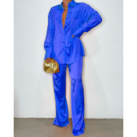 Satin Buttoned Long Sleeve Shirt & High Waist Pants Set - blue