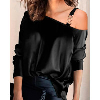 Satin Chain Strap Cold Shoulder Top - black