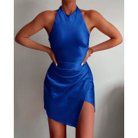 Satin Draped Detail Bodycon Mini Dress - blue