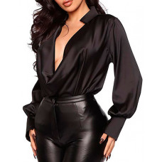 Satin Long Sleeve Plunge Ruched Shirt - black