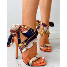 Satin Print Knotted Detail Thin Heeled Sandals - orange