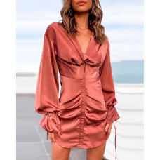 Satin Ruched Lantern Sleeve Shirt Dress - brown