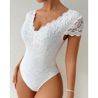 Scallop Trim Backless Crochet Lace Bodysuit - white