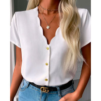 Scallop Trim Button Front Short Sleeve Top - white