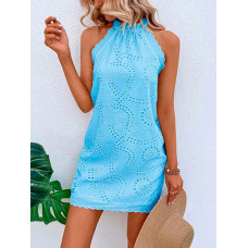 Scallop Trim Eyelet Embroidery Casual Dress - blue