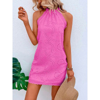 Scallop Trim Eyelet Embroidery Casual Dress - rose red