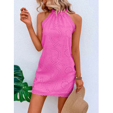 Scallop Trim Eyelet Embroidery Casual Dress - rose red