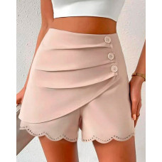 Scallop Trim Hollow Out Ruched Shorts - Apricot