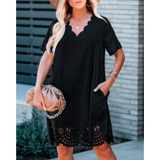 Scallop Trim Short Sleeve Casual Dress - black