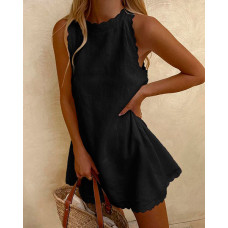 Scallop Trim Sleeveless Casual Dress - black