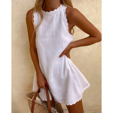 Scallop Trim Sleeveless Casual Dress - white