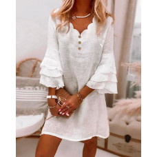 Scallop Trim V-Neck Bell Sleeve Casual Dress - white