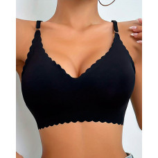 Scallop Trim Wireless Bra Comfortable Seamless Intimates Bralette - black