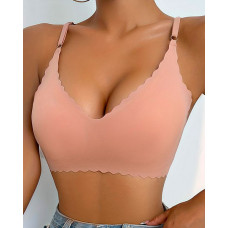 Scallop Trim Wireless Bra Comfortable Seamless Intimates Bralette - nude