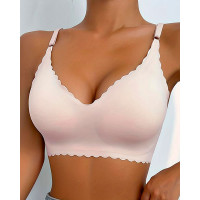 Scallop Trim Wireless Bra Comfortable Seamless Intimates Bralette - white