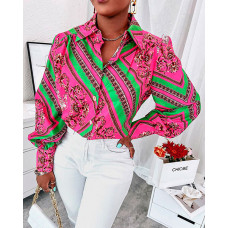 Scarf Baroque Print Button Down Shirt - hot pink