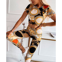 Scarf Baroque Print Crop Top & Pants Set - Multicolor