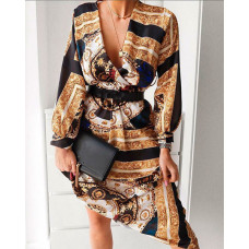 Scarf Baroque Print Lantern Sleeve Asymmetrical Dress - khaki