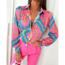 Scarf Baroque Print Long Sleeve Buttoned Shirt - pink