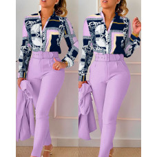 Scarf Baroque Print Shirt & High Waist Pants Set - purple